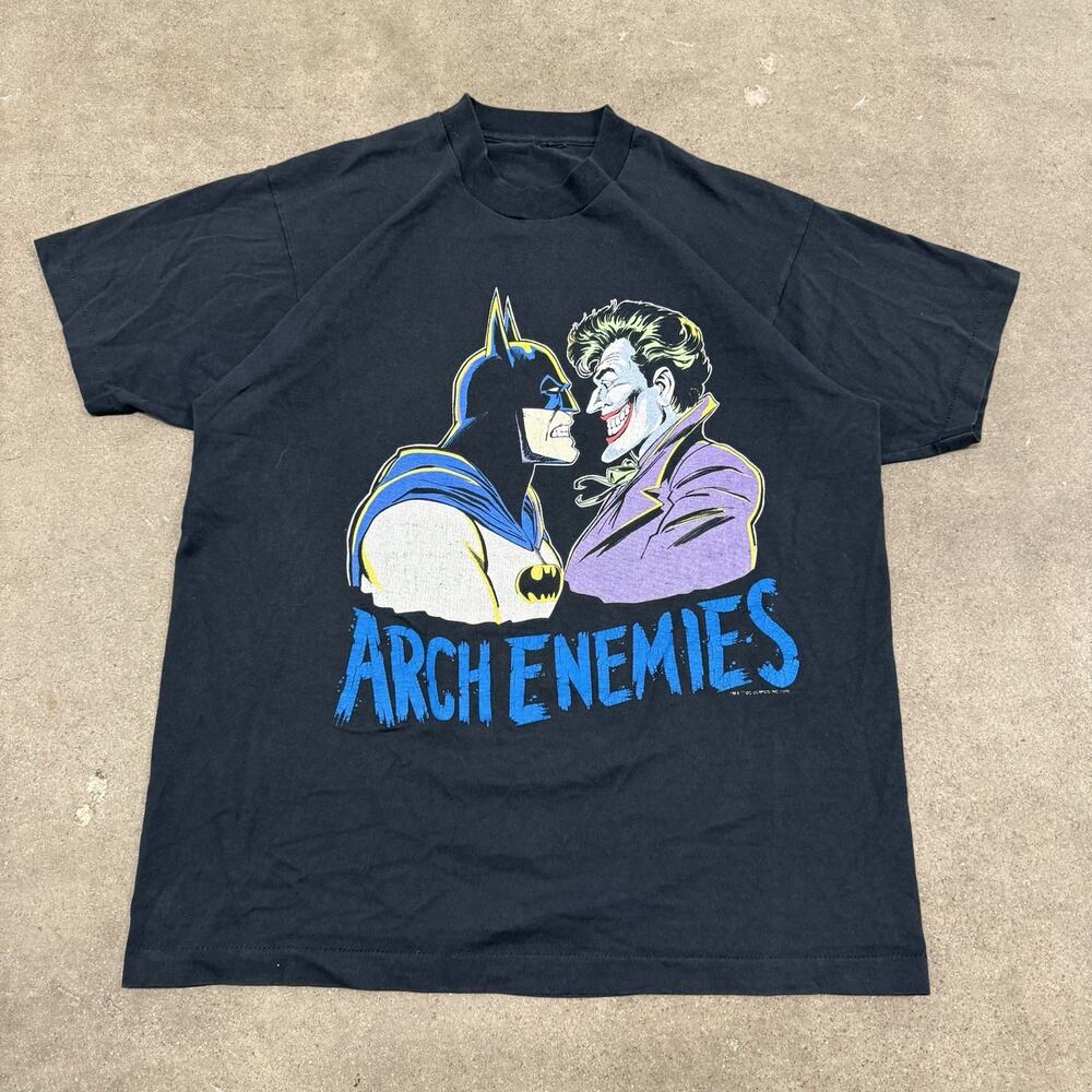 VINTAGE 1989 BATMAN JOKER DC COMICS CARTOON ARCH ENEMIES BLACK T SHIRT XL